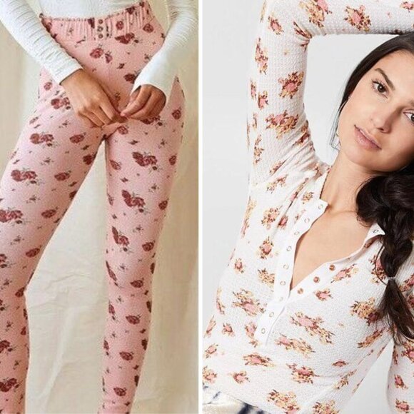 Free People - Blossom Knit Sleep Set Pants & LS Top | XS | Pink & White Floral - Picture 2 of 15